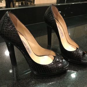 Jimmy choo  black snake skin peep toe pumps